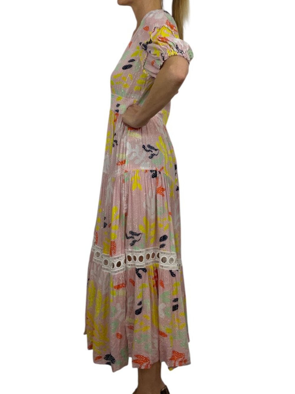 Lem Lem Reef Flutter Sleeve Maxi Dress M Pink Tiered Side Slits Summer - Picture 4 of 16